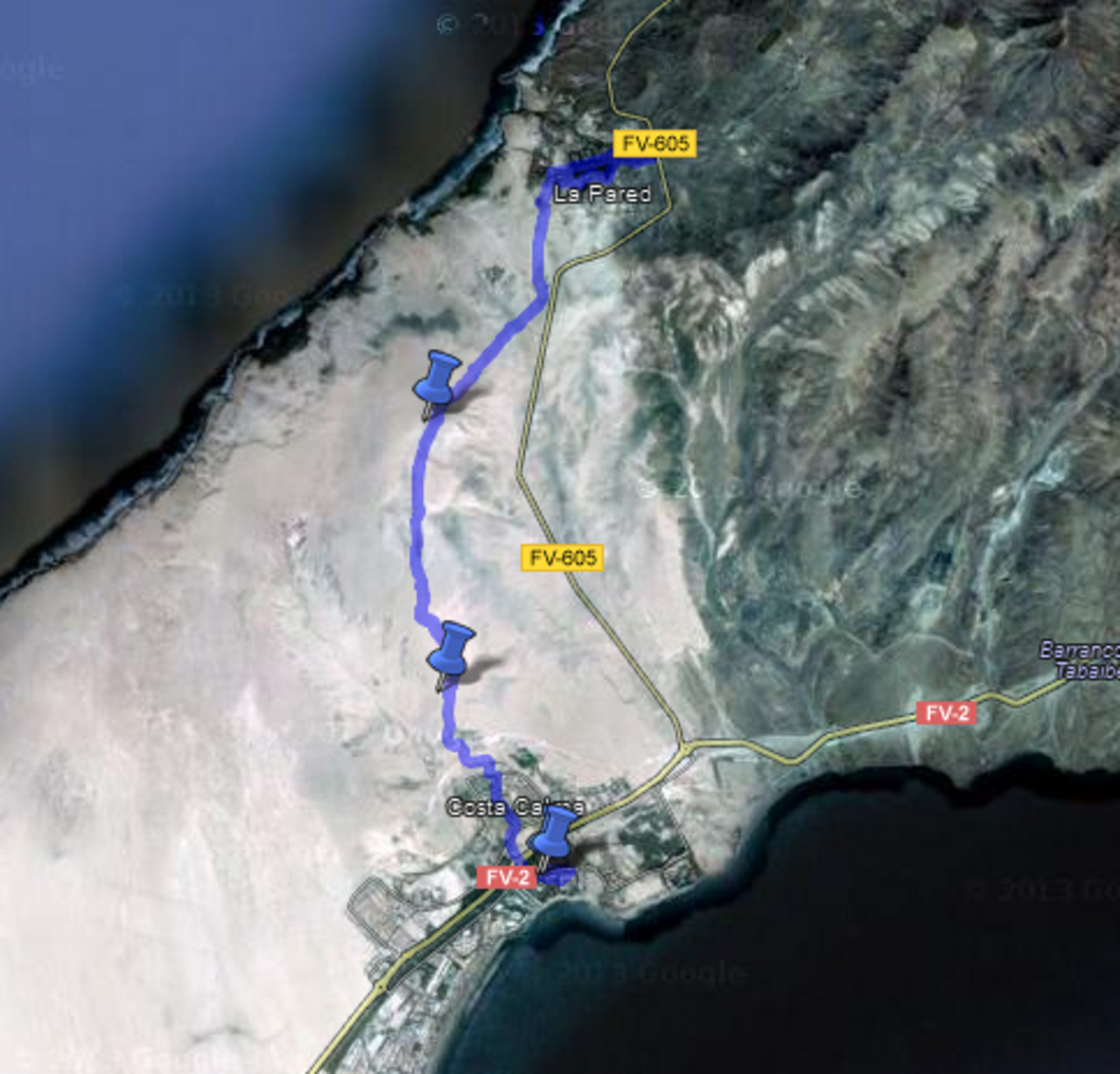 Eine Google Maps Karte mit der Wanderung von Costa Calma nach La Pared